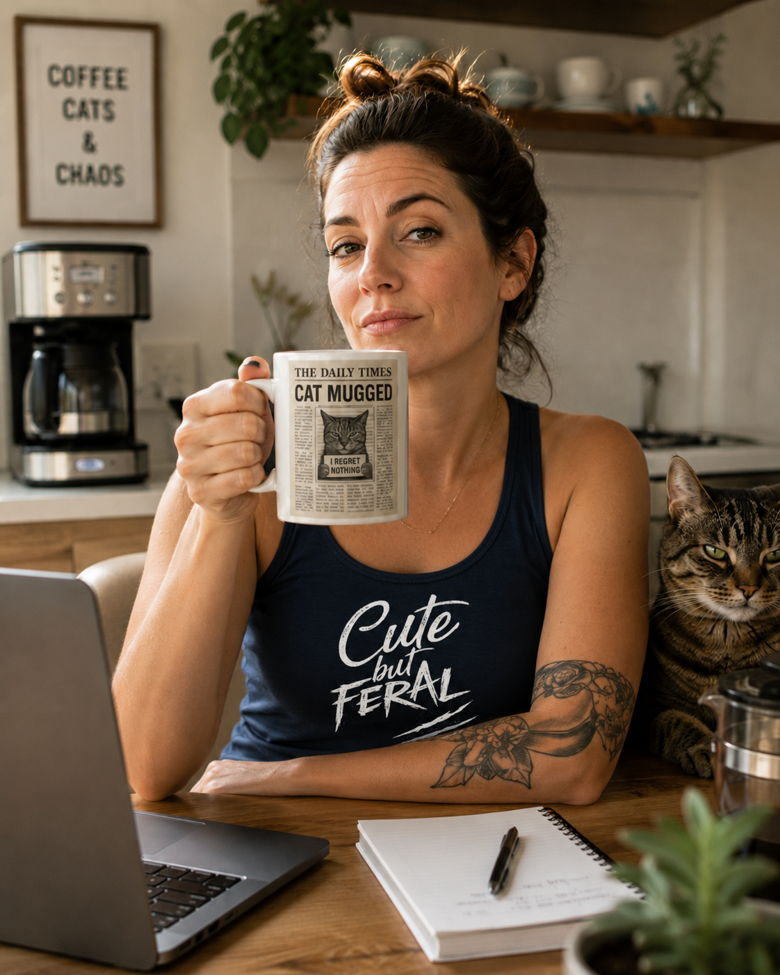 Funny cat mug lifestyle mockup in a cozy home workspace with a cat nearby