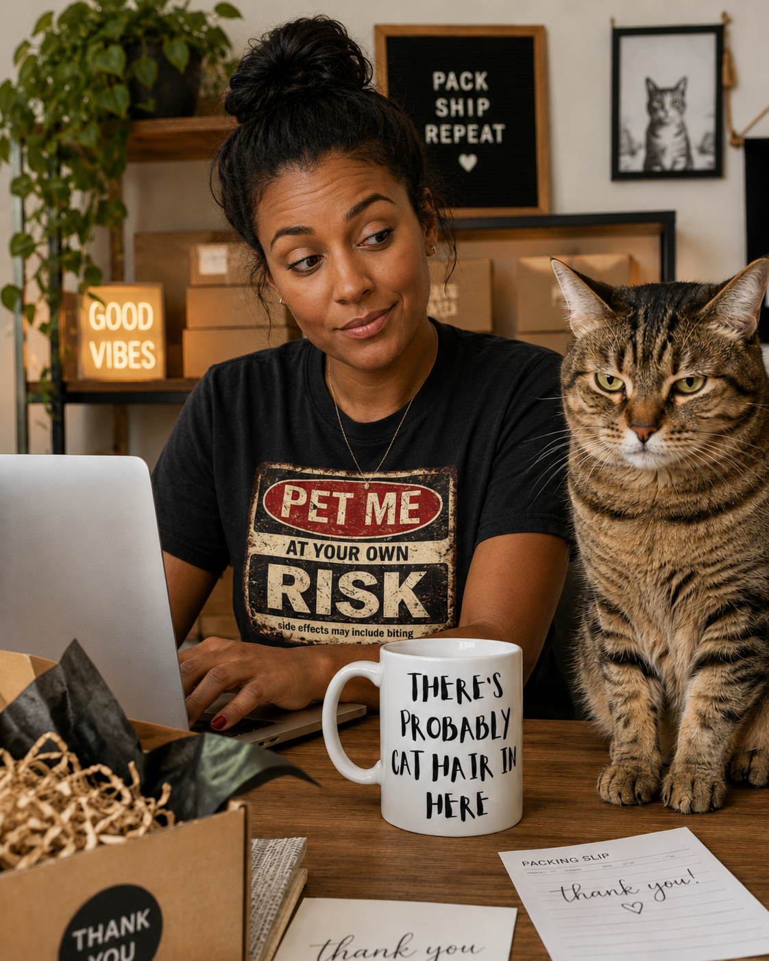 Funny cat mug customer service lifestyle mockup with laptop packing area thank you card and cat